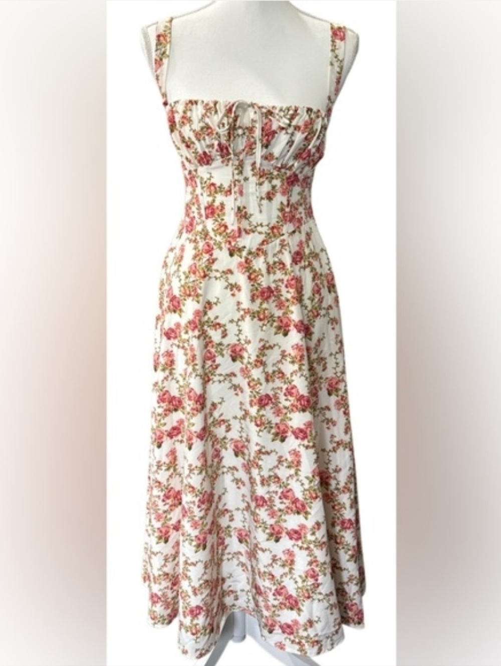 Pink and Red Ruched Sweetheart Midi Dress